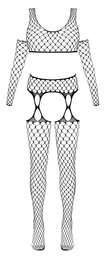 Schwarzes 3-teiliges Netz-Set mit Top, Straps-Strumpfhose und Armstulpen von Fantasy by Cottelli – Ansicht 5