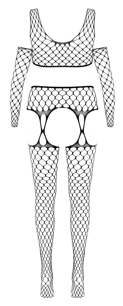 Schwarzes 3-teiliges Netz-Set mit Top, Straps-Strumpfhose und Armstulpen von Fantasy by Cottelli – Ansicht 6