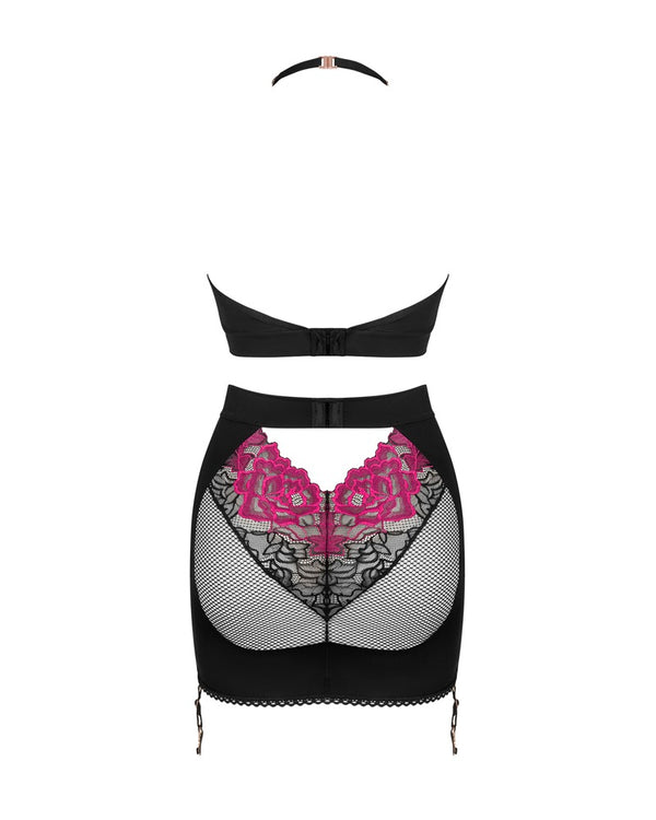 Schwarzes Set Rosenty mit Top und Straps-Rock aus Netz und Rosenspitze von Obsessive – Ansicht 4
