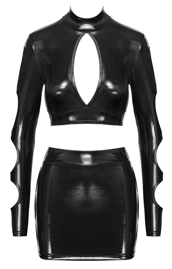 Schwarzes aufregendes bauchfreies Langarm Top und Minirock Set von Cottelli PARTY – Ansicht 7