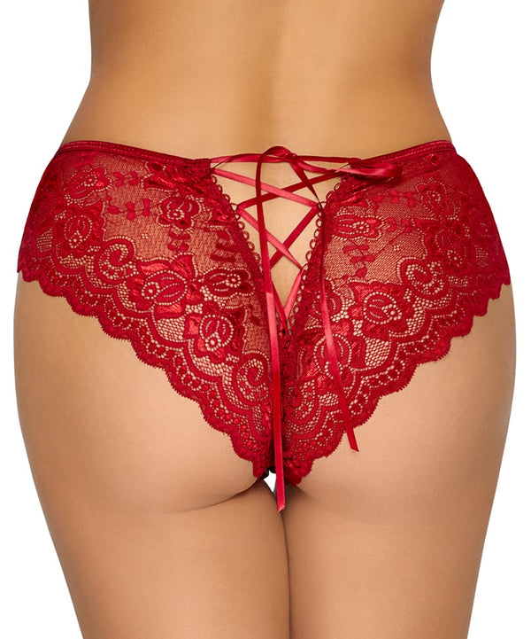 Roter Slip ouvert aus Blütenspitze mit Cut-out und Satinband-Schnürung von Cottelli – Ansicht 4