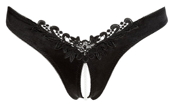 Schwarzer seidiger Slip ouvert aus Satin mit Stickerei und Perlenkette von Cottelli – Ansicht 6