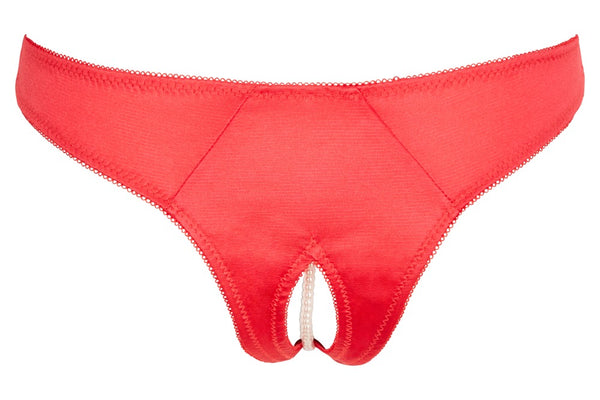 Roter seidiger Slip ouvert aus Satin mit Stickerei und Perlenkette von Cottelli – Ansicht 7