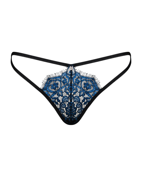 Blauer String Yassmyne aus Wimpernspitze mit schwarzen Stretchriemchen von Obsessive – Ansicht 3