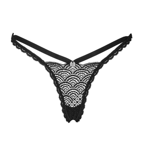 Schwarzer String Chemeris aus Spitze mit Riemchen und Schmuckelement von Obsessive – Ansicht 4