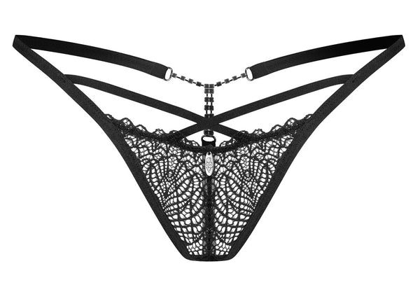 Schwarzer eleganter String Iliosa aus effektvoller Spitze mit Riemchenoptik von Obsessive – Ansicht 5