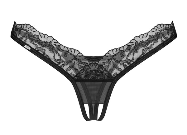 Schwarzer String ouvert Arrowel in Tüll-Transparenz mit Spitze von Obsessive – Ansicht 5