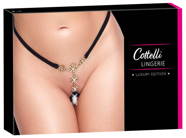 Schwarzer glamouröser Ouvert String mit funkelnden Blüten von Cottelli LINGERIE