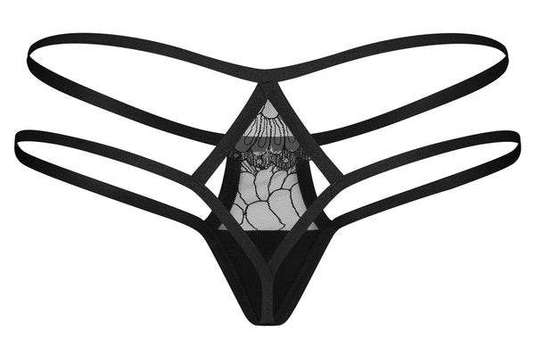 Schwarzer String Arrowel mit feiner Spitze und Doppelriemen-Bund von Obsessive – Ansicht 4