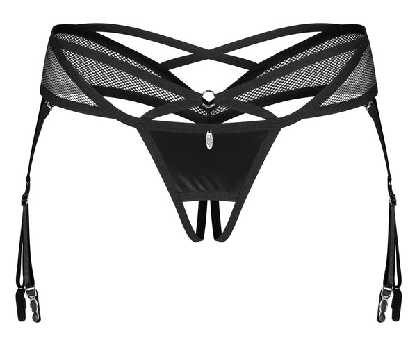 Schwarzer Straps-String ouvert Dominna im Netz-Wetlook-Mix von Obsessive – Ansicht 5