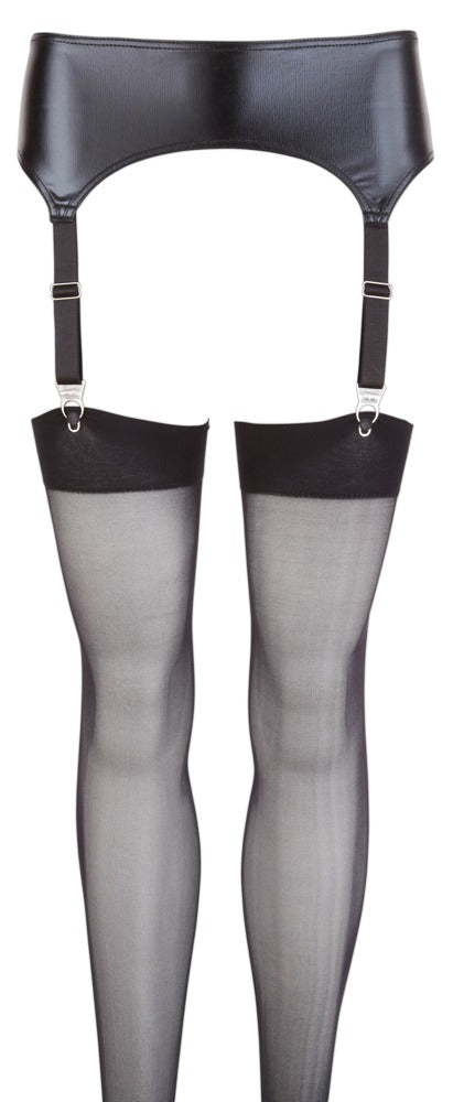 Schwarzes Wetlook-Strapsgurt-Set mit Metall-Strapsen und Strümpfen von NO:XQSE – Ansicht 4