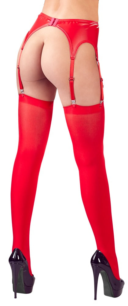 Roter Strapsgurt im Mattlook mit Metallteilen und passenden Strümpfen von NO:XQSE – Ansicht 5