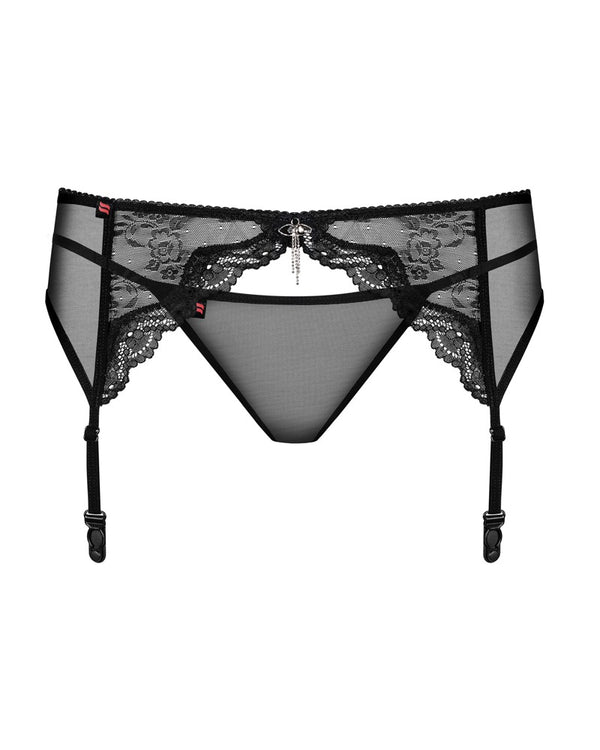 Schwarzes Strumpfband- und Tanga-Set Charms aus Stoff und Blütenspitze von Obsessive – Ansicht 3