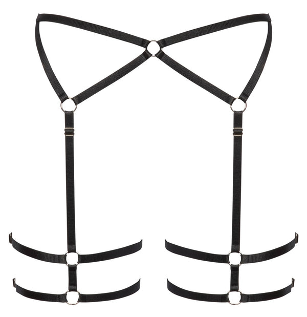 Schwarzes Harness aus Stretchriemen mit Verbindungsringen und Oberschenkelriemen von Cottelli – Ansicht 5