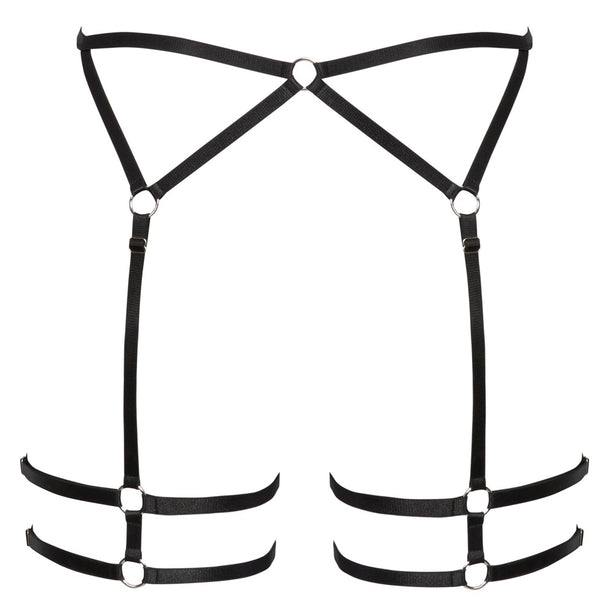 Schwarzes Harness aus Stretchriemen mit Verbindungsringen und Oberschenkelriemen von Cottelli – Ansicht 6