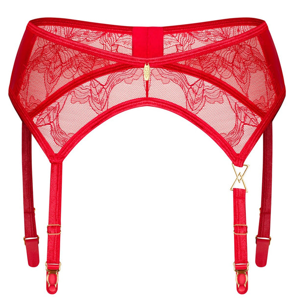 Roter Strapsgürtel Aliosa aus Floral-Spitze mit goldfarbenem Detail von Obsessive – Ansicht 5