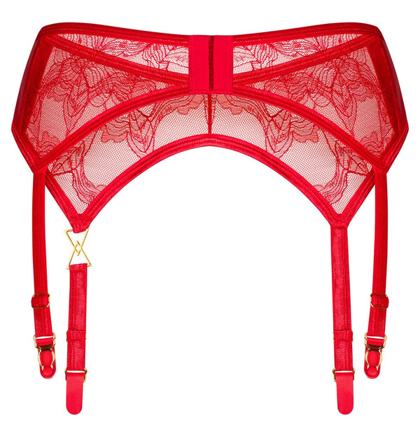 Roter Strapsgürtel Aliosa aus Floral-Spitze mit goldfarbenem Detail von Obsessive – Ansicht 6