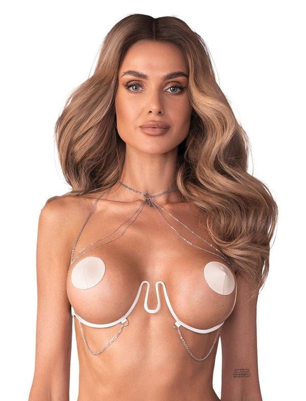 Weißer Harness-BH Lustique mit silberfarbenen Accessoires von Obsessive
