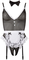 Schwarzes Kellnerinnen-Kostüm aus Powernet-Body mit Schürze und Halsband von Cottelli – Ansicht 4