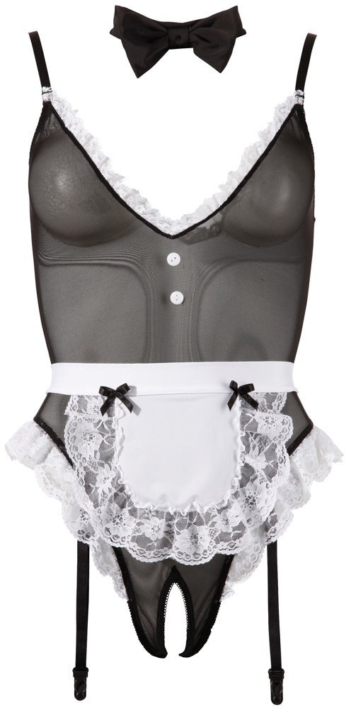 Schwarzes Kellnerinnen-Kostüm aus Powernet-Body mit Schürze und Halsband von Cottelli – Ansicht 4
