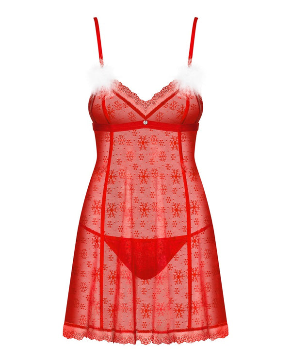 Rotes Dessous-Set Claussica mit Negligé und String im Schneeflocken-Design von Obsessive – Ansicht 5