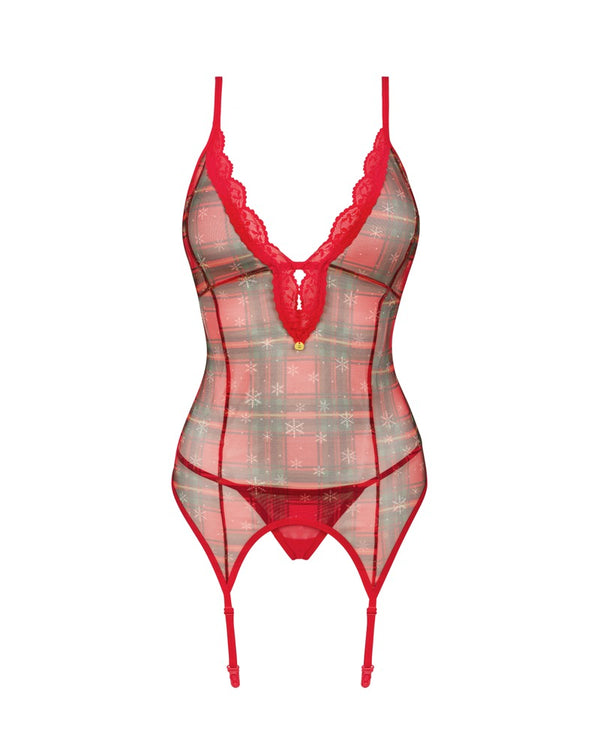 Rotes Dessous-Set Jollymore mit Strapshemd und String im Karo-Design von Obsessive – Ansicht 5