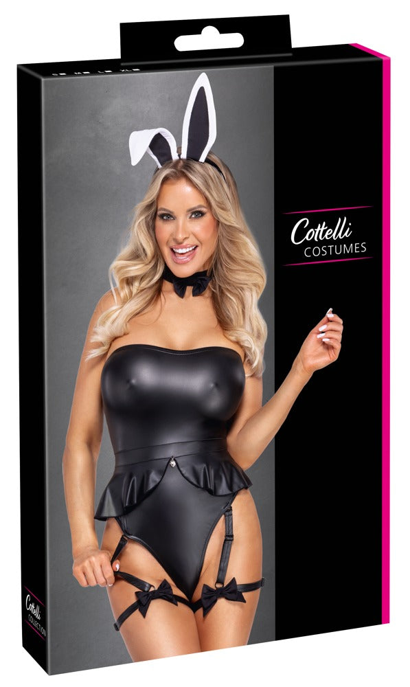 Sexy schwarzes Bunny-Kostüm als Straps-Tube-Body mit Ohren und Halsband von Cottelli
