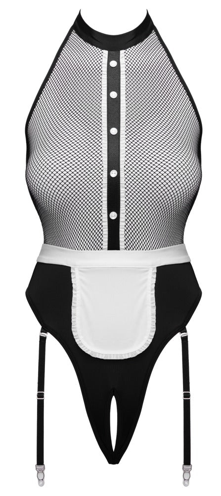 Schwarzes verführerisches Zierknopfleisten Servier Set mit Strapsbody von Cottelli COSTUMES – Ansicht 8