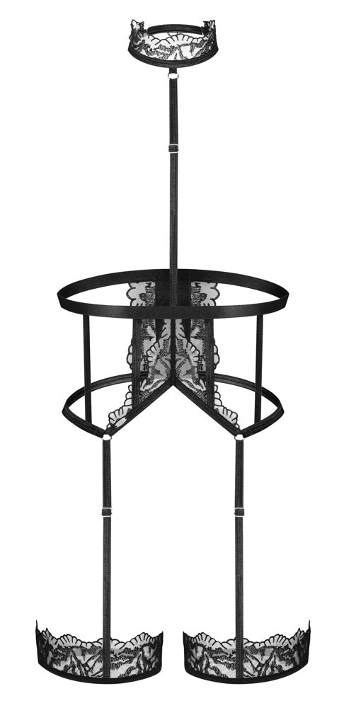Schwarzes elegantes Harness Hersis aus Stretchriemen mit Spitze von Obsessive – Ansicht 5