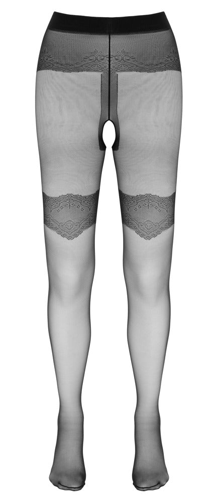 Schwarze seidige Straps-Strumpfhose mit Strumpfbändern, Ziernähten und offenem Schritt von Cottelli – Ansicht 5