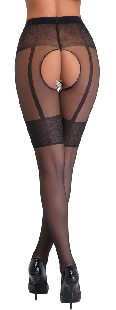 Schwarze Strumpfhose ouvert mit eingewebtem Strapsgurt und breiten Strumpfbändern von Cottelli – Ansicht 6