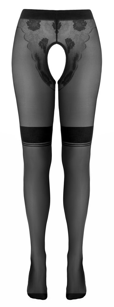Schwarze Strumpfhose ouvert mit eingewebtem Höschenteil in Spitzenoptik von Cottelli – Ansicht 7