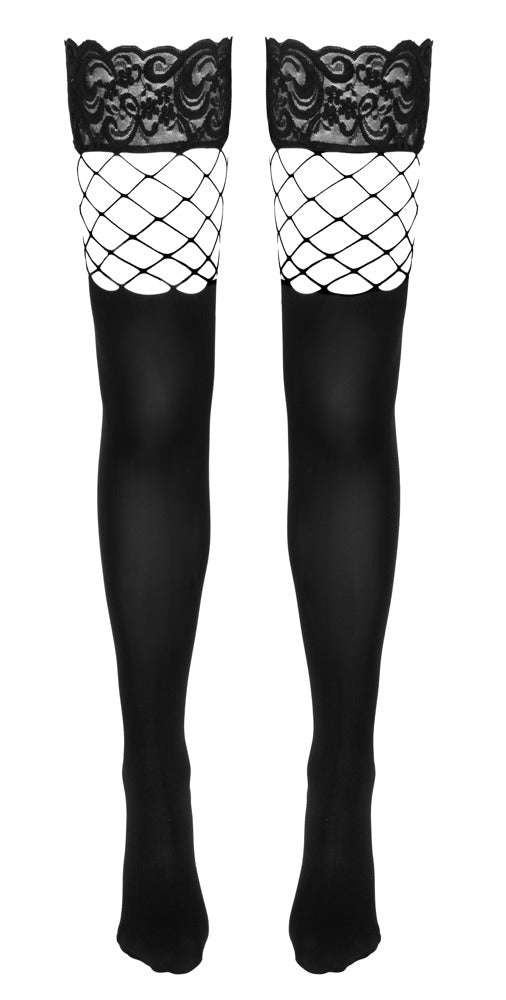 Schwarze halterlose Strümpfe im 2-in-1-Look aus Blickdicht und Netz von Cottelli – Ansicht 5