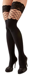 Schwarze halterlose Strümpfe im 2-in-1-Look aus Blickdicht und Netz von Cottelli – Ansicht 2