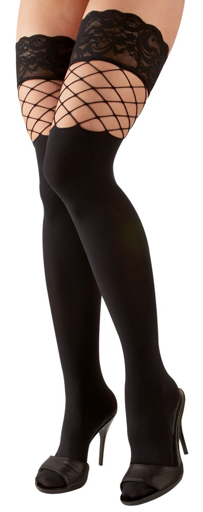 Schwarze halterlose Strümpfe im 2-in-1-Look aus Blickdicht und Netz von Cottelli – Ansicht 2