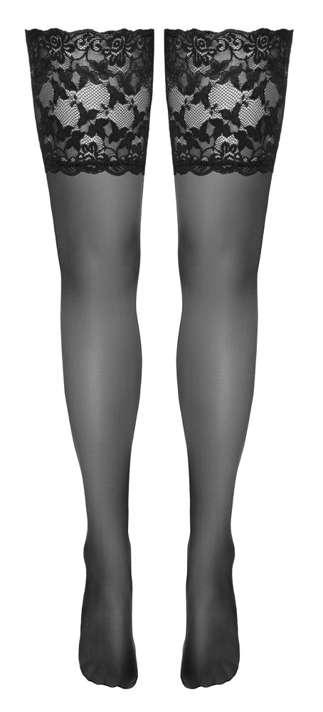 Schwarze halterlose Strümpfe mit extra breitem 14 cm Spitzen-Abschluss von Cottelli – Ansicht 7