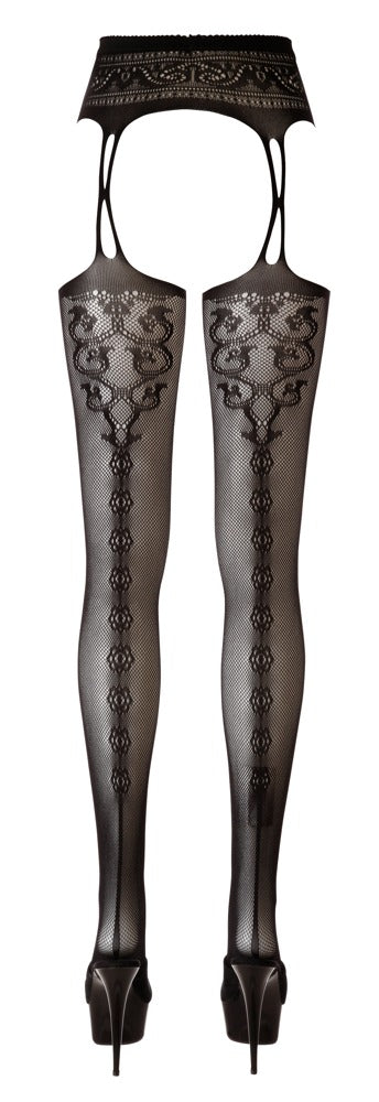 Schwarze Straps-Strumpfhose aus Netz in Strapsgurt-Optik mit offenem Schritt von Cottelli – Ansicht 4