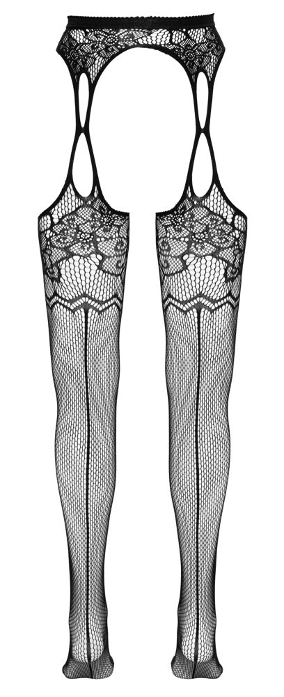 Schwarze Straps-Strumpfhose aus Netz mit floralem Muster in Strapsgurt-Optik von Cottelli – Ansicht 7