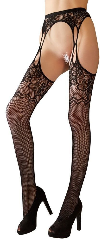 Schwarze Straps-Strumpfhose aus Netz mit floralem Muster in Strapsgurt-Optik von Cottelli – Ansicht 3