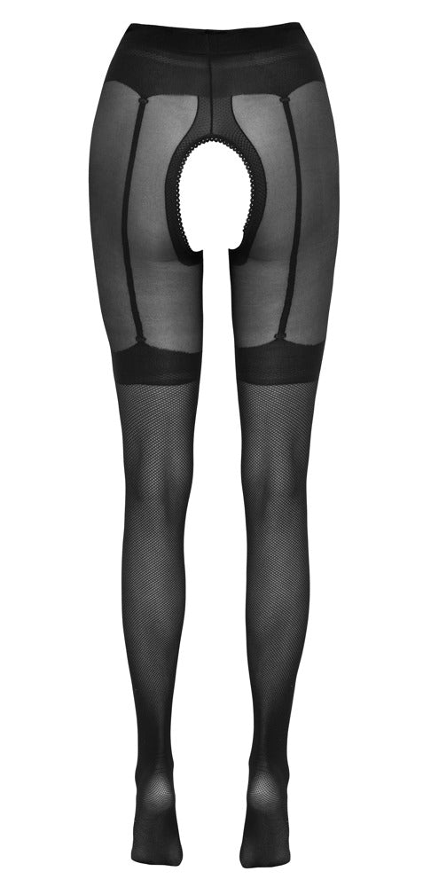 Schwarze Netz-Strumpfhose ouvert mit eingewebtem Strapsgurt und offenem Schritt von Cottelli – Ansicht 6