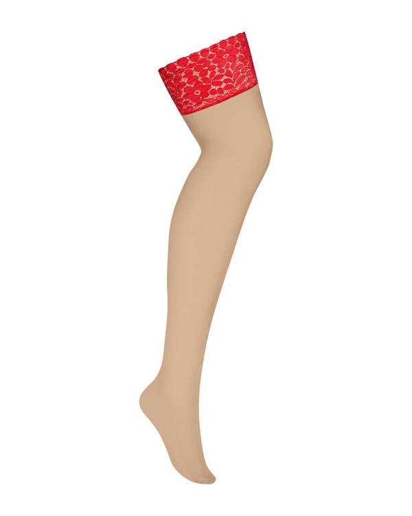 Nudefarbene Straps-Strümpfe Blossmina mit roten Spitzen-Abschlüssen von Obsessive – Ansicht 3