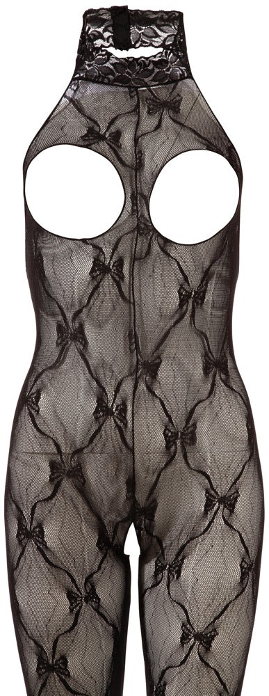 Schwarzer busenfreier Catsuit aus Effekt-Spitze mit Neckholder und Fuß von NO:XQSE – Ansicht 7
