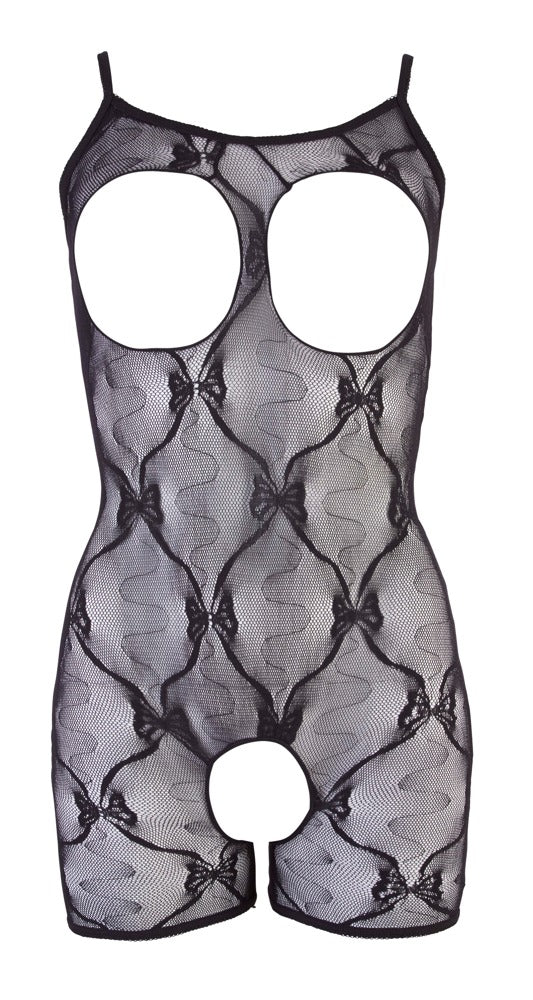 Schwarzer kurzer Catsuit aus Spitze mit offenem Busen und Schritt von NO:XQSE – Ansicht 4