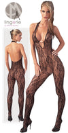 Schwarzer Netz-Catsuit mit Neckholder und Perlen-Dekolleté (offener Schritt) von NO:XQSE – Ansicht 7