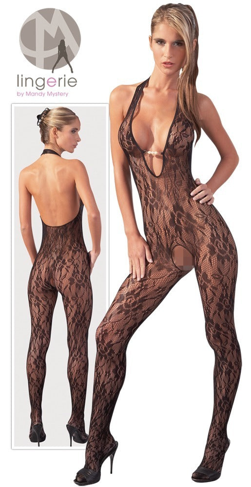 Schwarzer Netz-Catsuit mit Neckholder und Perlen-Dekolleté (offener Schritt) von NO:XQSE – Ansicht 7