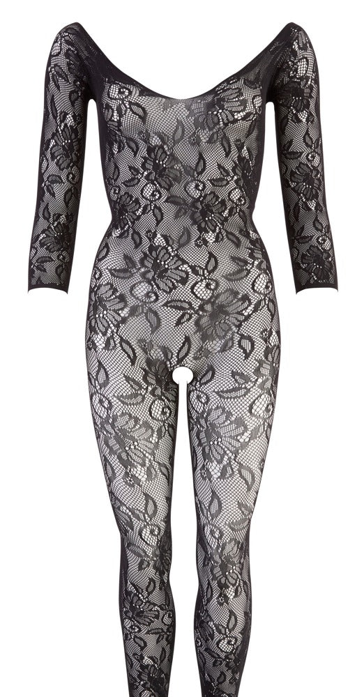 Schwarzer Catsuit in Blütenspitze-Optik mit Schnürung und Fuß (offener Schritt) von NO:XQSE – Ansicht 5