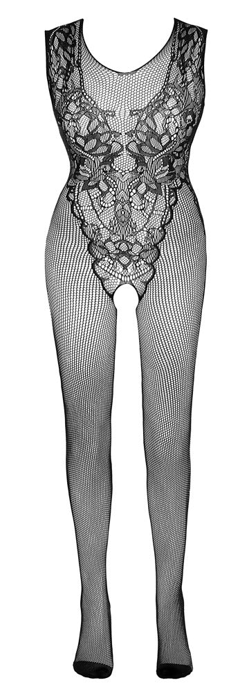 Schwarzer Catsuit in Netzstruktur mit eingewebter Spitzenoptik (offener Schritt) von NO:XQSE – Ansicht 8