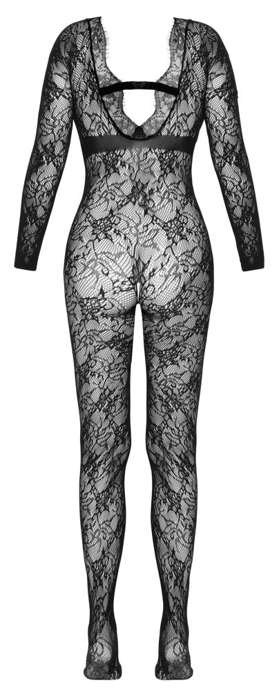 Schwarzer Langarm-Catsuit ouvert in Spitzenoptik mit Fuß und Eyelash-Spitze von Fantasy by Cottelli – Ansicht 7