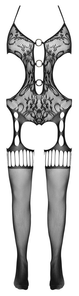 Schwarzer Catsuit ouvert aus Netzmaschen in Straps-Optik mit Ornamenten und Ringen von Fantasy by Cottelli – Ansicht 5