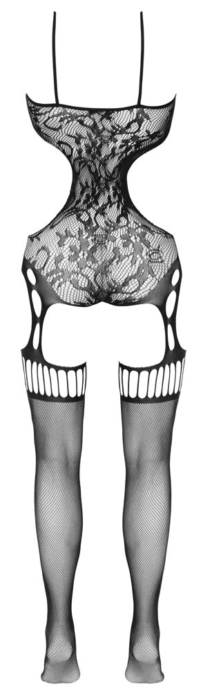Schwarzer Catsuit ouvert aus Netzmaschen in Straps-Optik mit Ornamenten und Ringen von Fantasy by Cottelli – Ansicht 6
